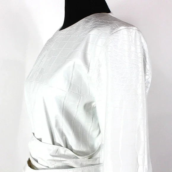 MSGM Abito Faux Leather Dress NEW Croc Embossed Tie Sash Belted White Mini Sz M - Picture 4 of 9